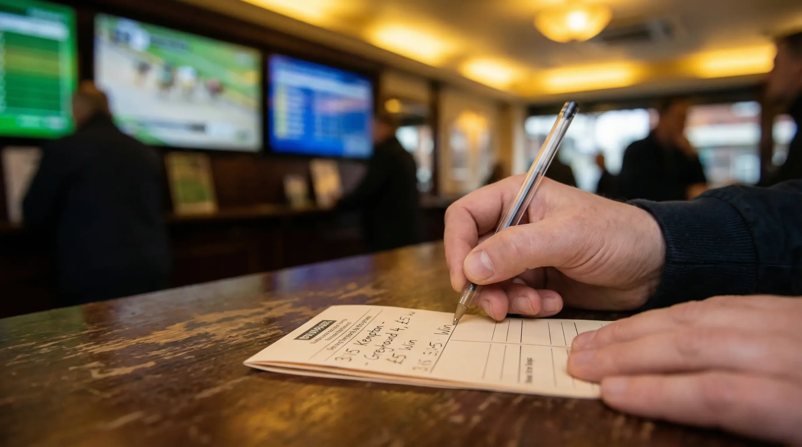 Each way betting slip for greyhound racing at a UK bookmaker