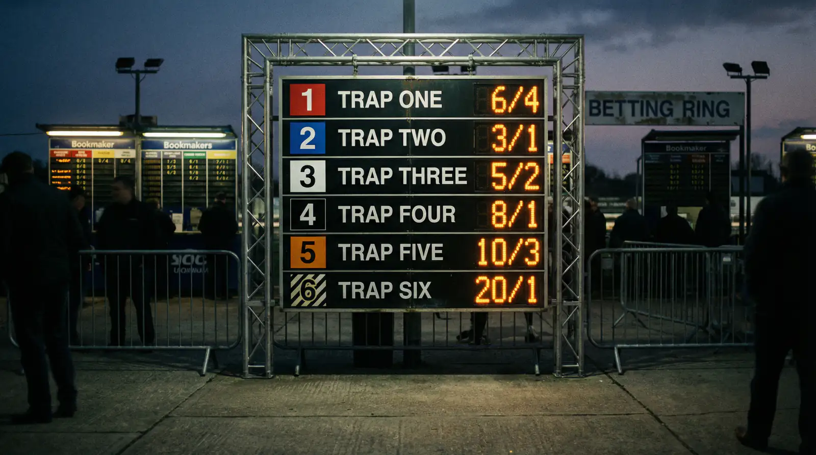 An electronic odds display board showing greyhound racing prices at a UK betting ring