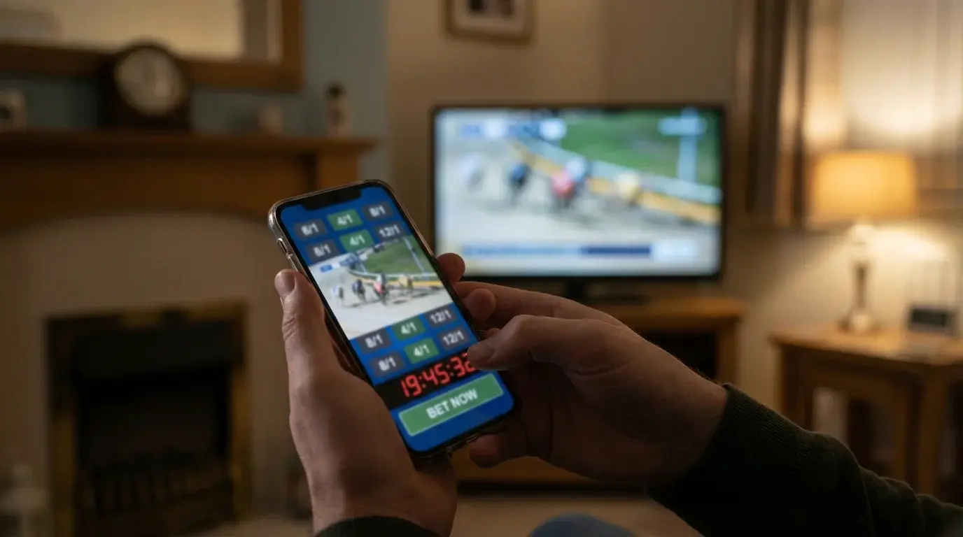 Greyhound in-play betting interface showing live odds during a race