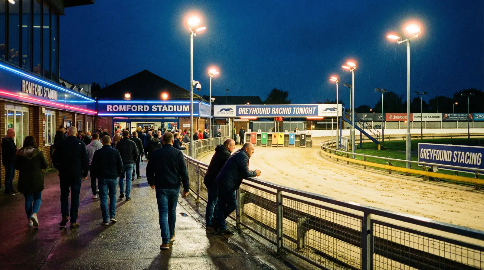 First time at a UK greyhound racing track showing the stadium traps and floodlights