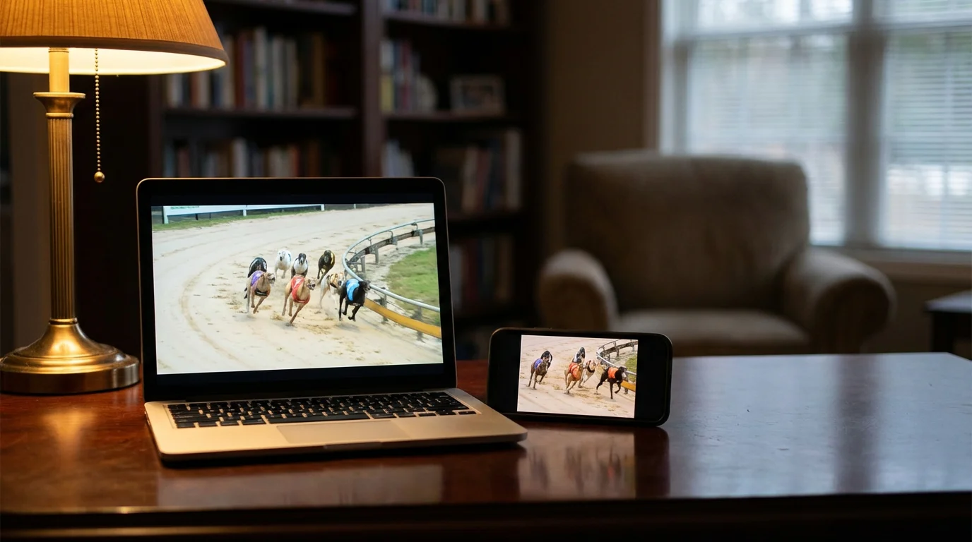 Greyhound racing live streaming on a mobile device and desktop screen