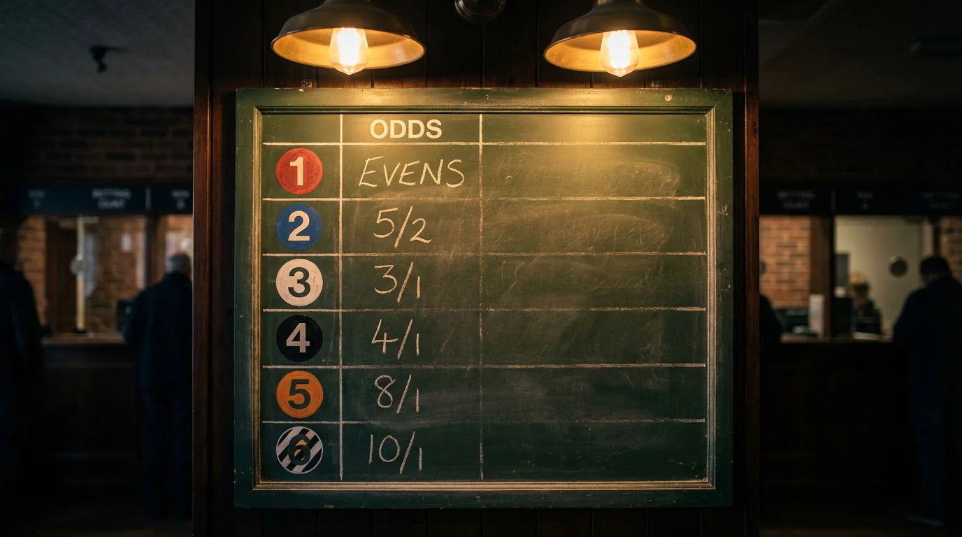 Greyhound racing odds displayed on a bookmaker board at a UK track