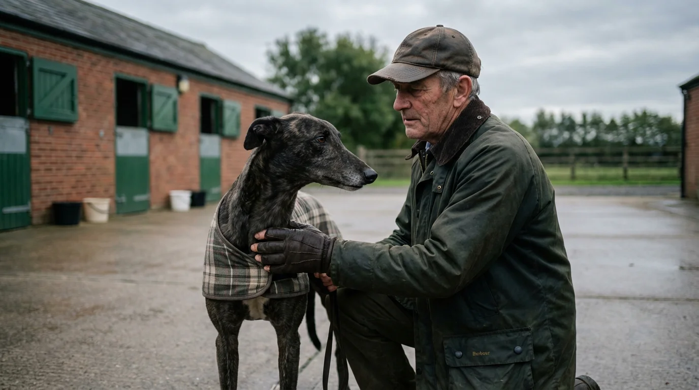 Greyhound trainer preparing a racing dog at a UK kennel before a race meeting