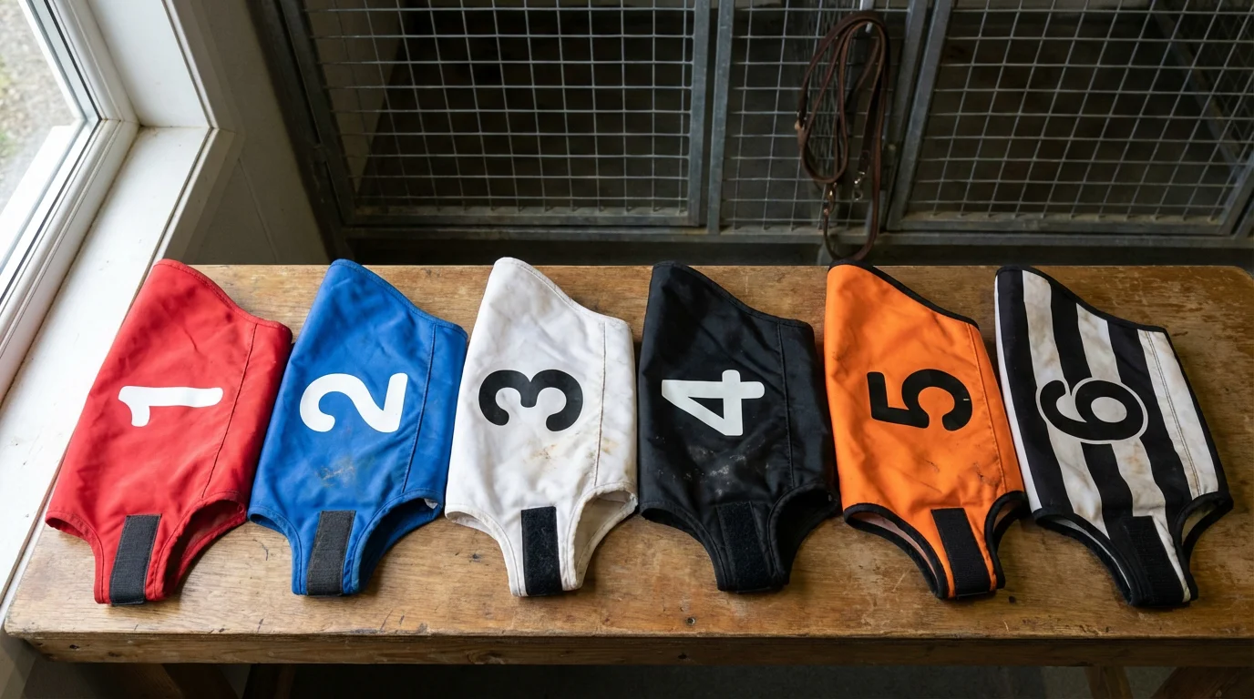 Six greyhound racing jackets in official GBGB trap colours — red, blue, white, black, orange and stripes — laid out before a race