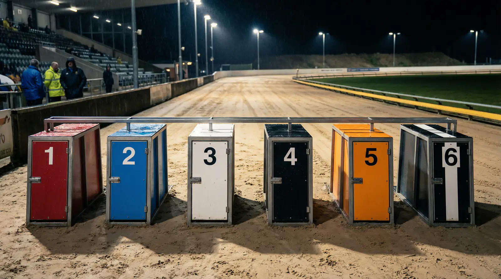 Six greyhound traps at a UK racing track numbered one to six