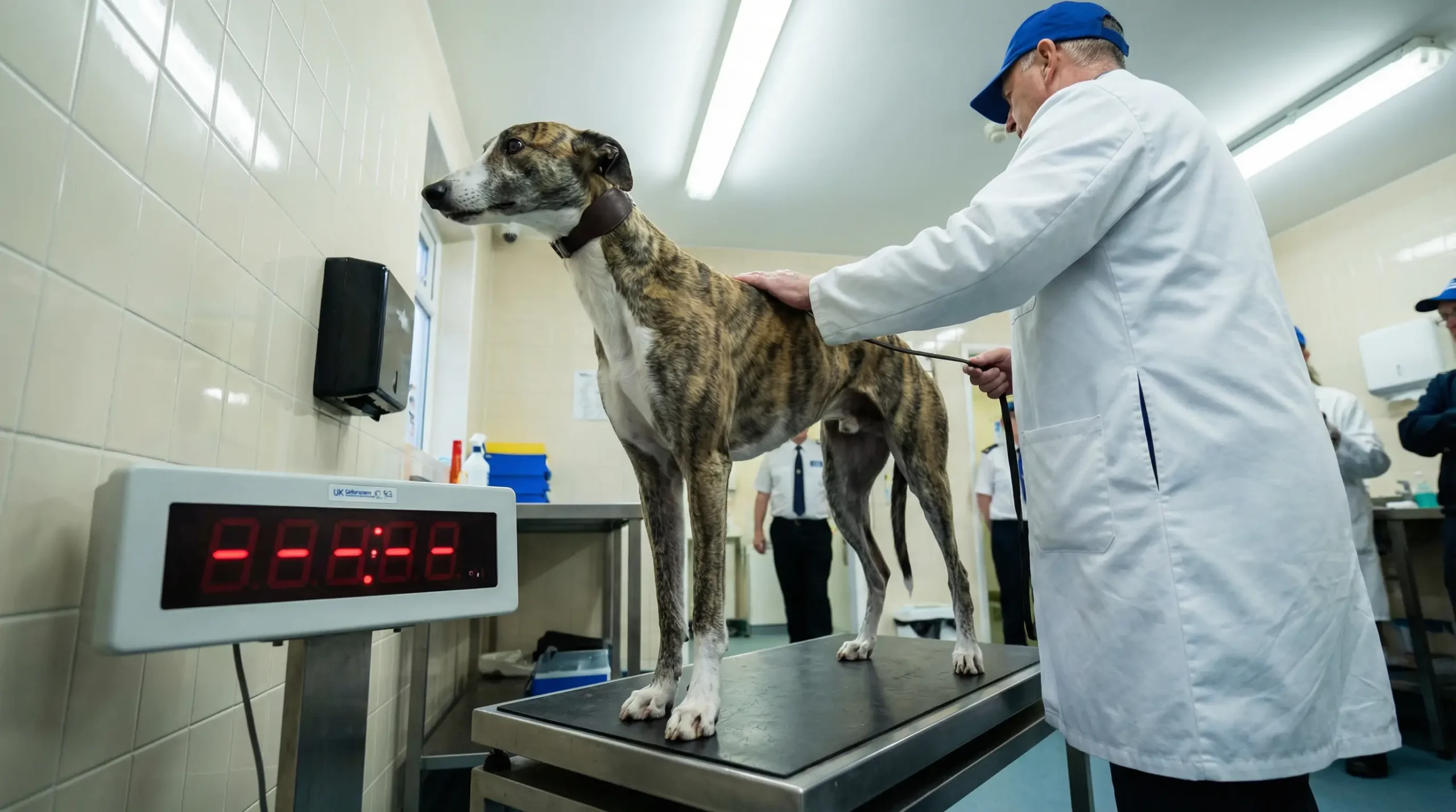 Greyhound being weighed before a UK race meeting showing race-day fitness