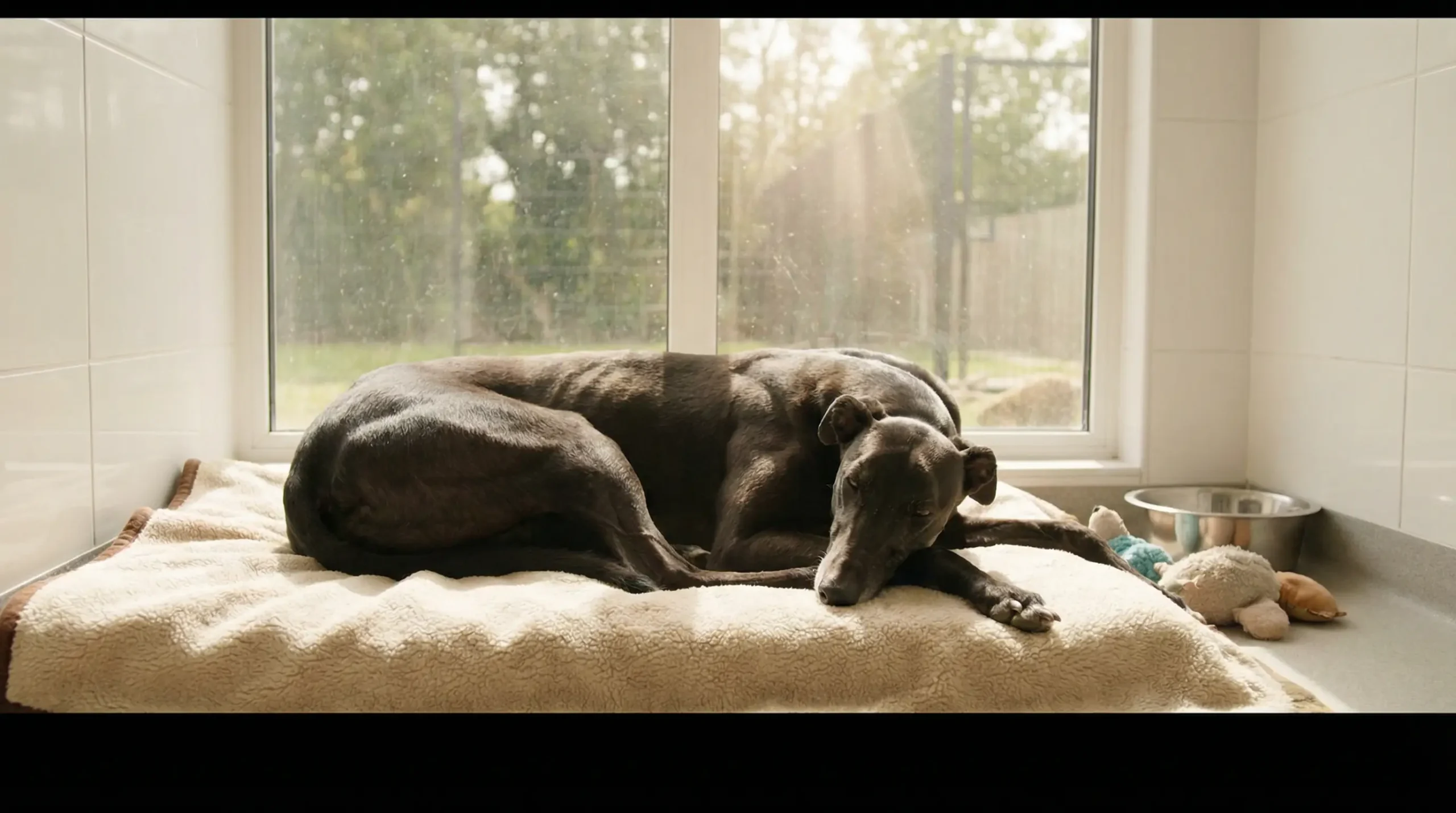 Greyhound welfare at a UK racing kennel showing healthy dogs in professional care