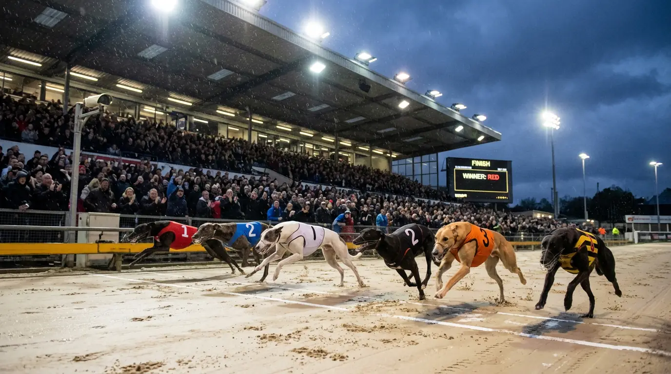 Major UK greyhound racing event with dogs competing under floodlights at a premier track