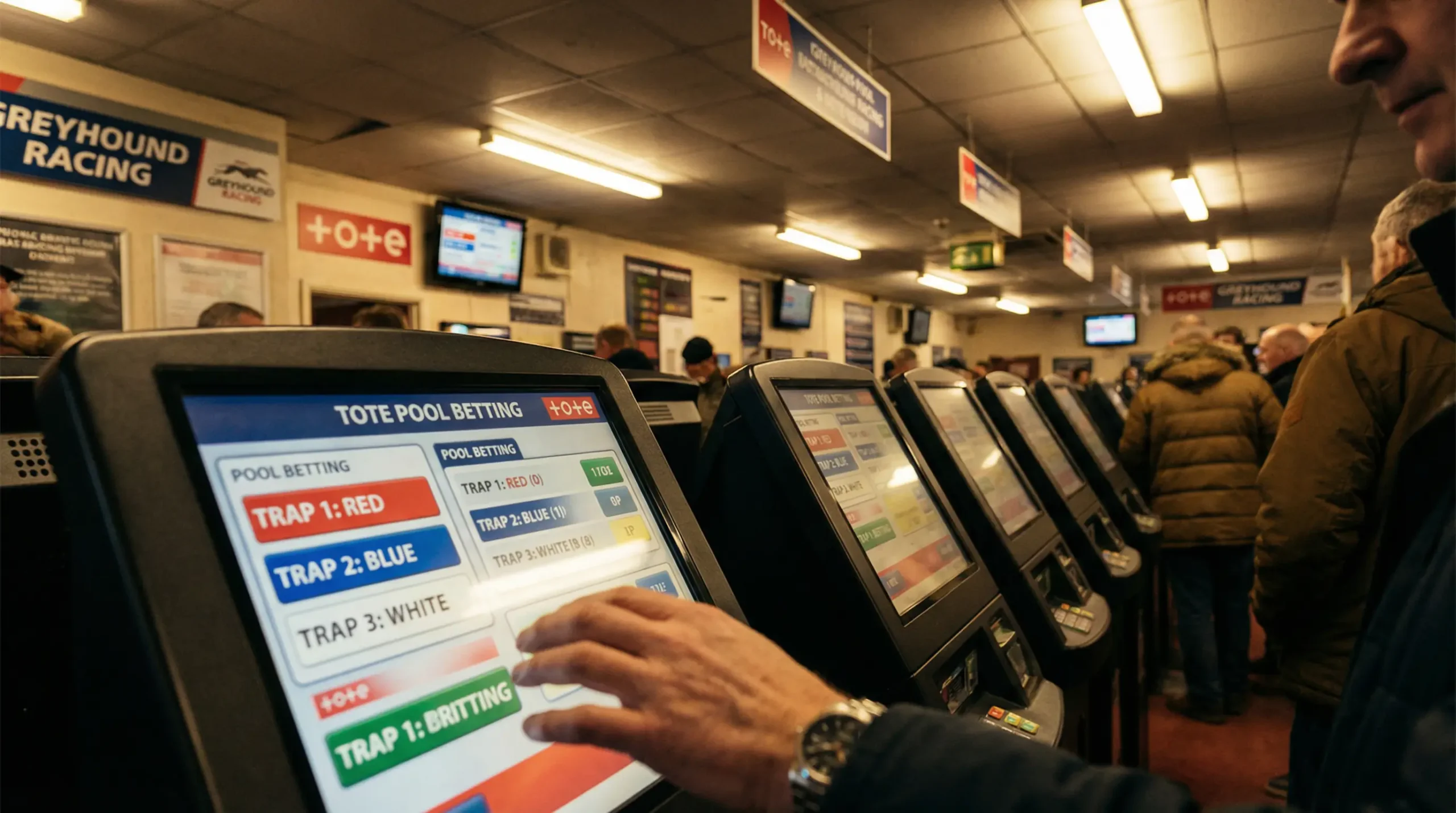 Tote pool betting terminal at a UK greyhound racing track showing pool dividends