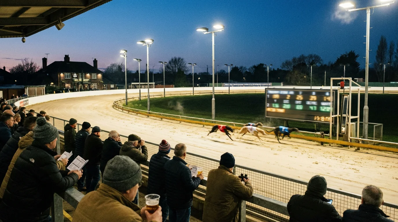 Spectators watching a live greyhound race from the trackside grandstand at an evening meeting in the UK