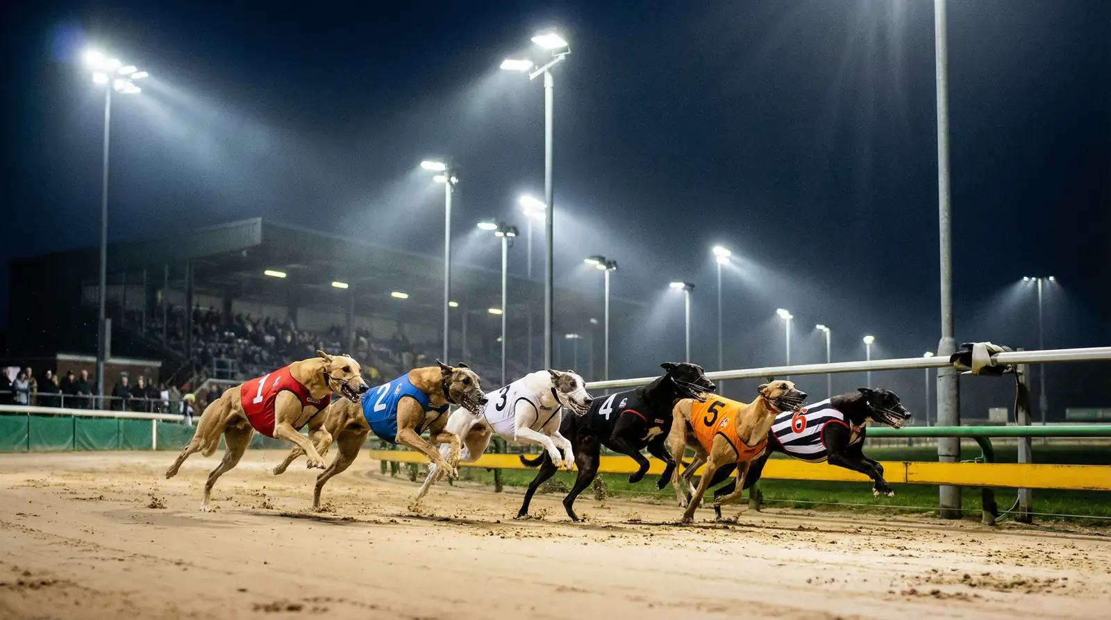 Six greyhounds sprinting out of the traps under floodlights at a UK greyhound racing track