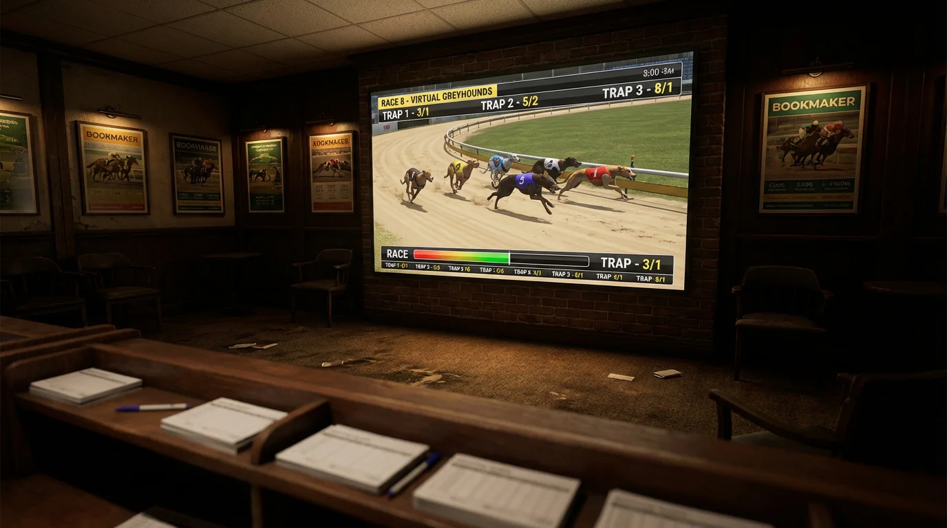 Virtual greyhound racing on a bookmaker screen showing animated dogs and odds